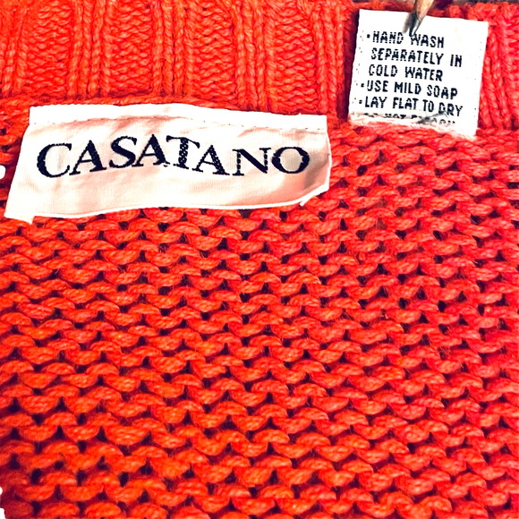 Vintage CASATANO Ramie Cotton Sweater Small Coral Orange-Red Knit Pocket 1980's - Picture 5 of 16